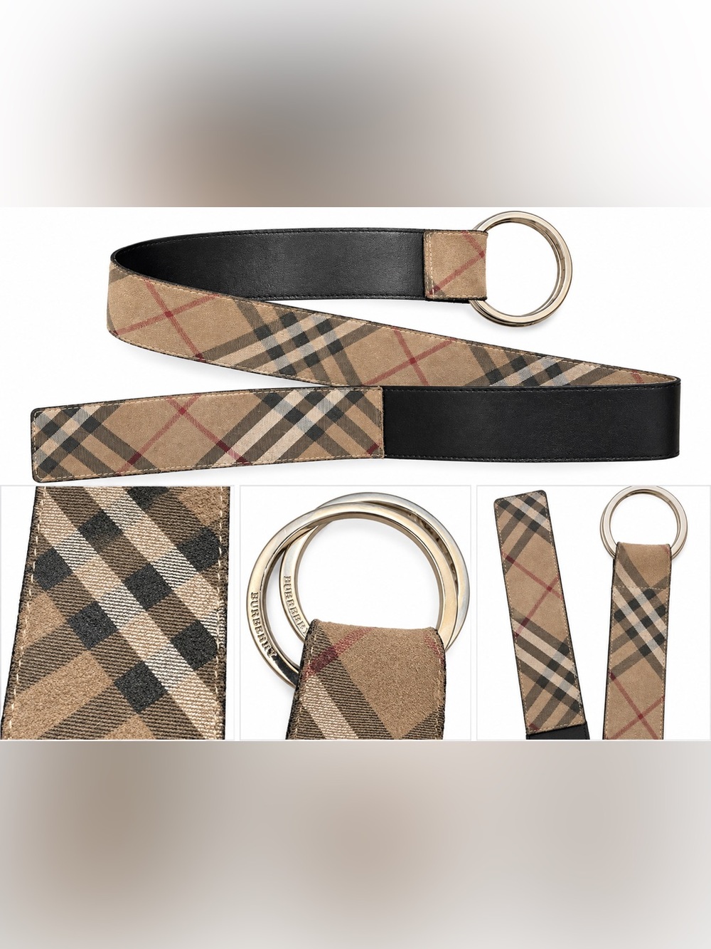 Vintage Burberry Nova Check Double Ring Belt Black Leather